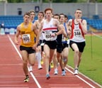 400 Max Kaye (Holmfirth Harriers), 408 Toby Loveridge (Liverpool Pembroke & Sefton AC), 346 John Ashcroft (St. Helens Sutton AC) winner of the under-20s 1500 metres, Northern Championships, Sport City, Manchester